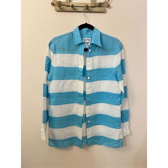 Escada Sport Aqua and White Striped Color Block Linen Button Down Blouse S - Picture 1 of 7